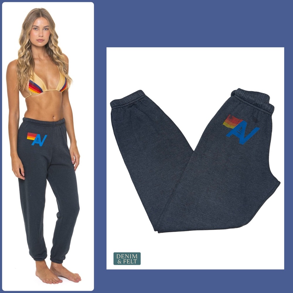 Aviator Nation Charcoal Logo Sweatpants Rainbow Embroidered Joggers Small